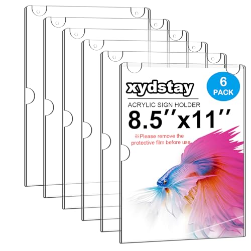 xydstay 6pack Acrylic Wall Sign Holder with Serews&Tape,8.5 X 11 Wall Mount Clear Plastic Sign Holder,Memo Document Menu Holder for Restaurant, Office, School, Store and Home Use,Support No Drilling