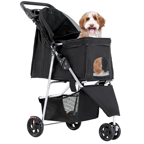 NEWBULIG 3 Wheel Pet Stroller for Dogs and Cats, Foldable, Lightweight and Durable, Ideal for Small to Medium Pets, Includes Storage Basket and Cup Holders