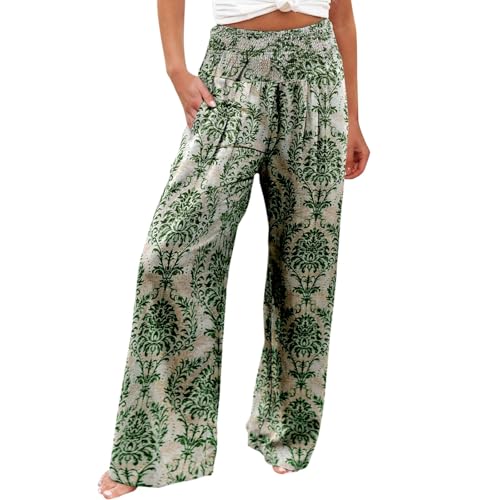 Pantalones de mujer de pierna ancha, elásticos, cintura alta, pantalones de playa, lino, verano, palazzo al aire libre, impermeables, transpirables, verde, XL