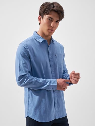 Image of Highlander Men's Blue Solid Slim Fit Casual Shirt | Sleek & Versatile | A Timeless Wardrobe Essential