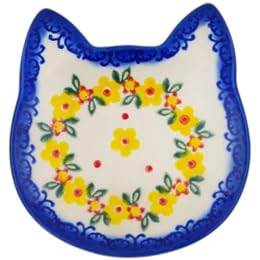 Polmedia Polish Pottery Tea Bag or Lemon Plate - Sweet Golden Flowers Pattern Handmade in Boleslawiec Poland + Certificate of Authenticity
