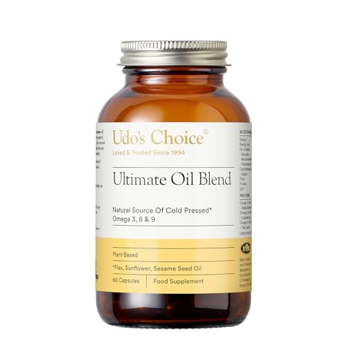 Udo's Choice Ultimate Oil Blend Capsules - Vegan Omega 3 6 9 from Cold-Pressed Plant Oils - Flaxseed, Evening Primrose, Sunflower - Heart, Brain, Skin, Hormone Support - 60 Capsules – 30 Servings