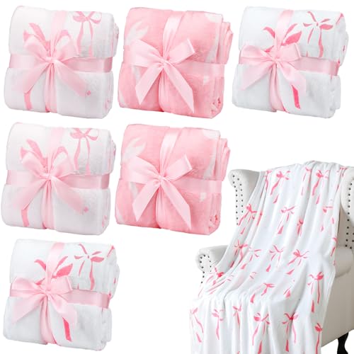Buryeah 6 Pcs Pink Bow Throw Blanket Coquette Pink and White Preppy Sleepover Blanket 40'x 60' Flannel Soft Decor Lightweight Aesthetic Plush Room Decor for Sofa Couch Travel Bed Christmas Decoration