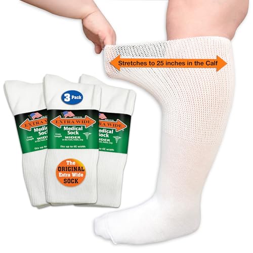 Extra Wide Medical Mid Calf Crew (Pack of 3), Diabetic Socks, Made in USA, for Men and Women (Medium, White)