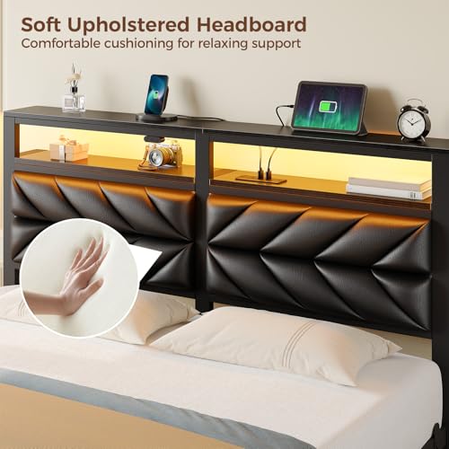 Image of Seventable Full Size Bed Frame with Charging Station & LED Lights, Upholstered Headboard with 2-Tier Storage Shelves, Metal Platform with Under Bed Storage, No Box Spring Needed, Easy Assembly, Black
