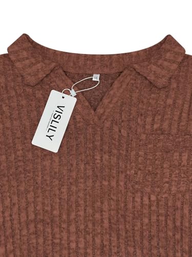Image of VISLILY Womens-Plus-Size-Tops Collared V Neck Polo Shirts Lightweight Long Sleeve Sweaters Trendy Pocket Decor Tunic Blouses
