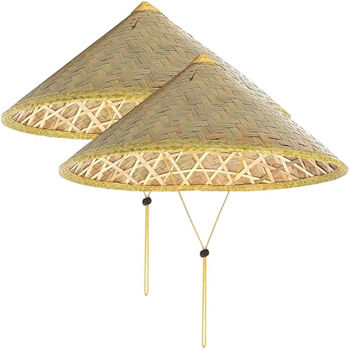 Odoukey 2 Sombreros de bambú de 14 Pulgadas, Sombrero de arroz de bambú cónico Oriental Chino con Cuerda Ajustable, Gorro de Lluvia para Turismo de Paja de arroz Tejido para Pesca de granjeros