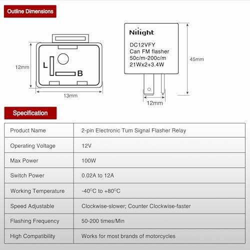Image of Nilight 4 Pack 2 Pin 12V Flasher Relay Adjustable for Turn Signal LED | Solves fast blinking and dashboard warnings on halogen or LED turn signals. Includes 4 relays