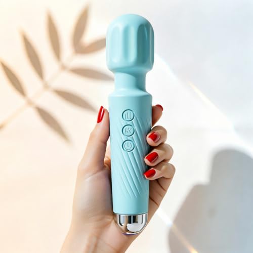 Wand Massager Personal Handheld Massager for Women and Men Waterproof Cordless Body Massager with 20 Vibration & 8 Speeds 360 Rotating Head Quiet Electric Muscle Relaxation Tool (Light Blue)