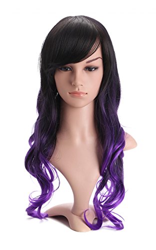 LOUISE MAELYS Long Curly Black Gradient Purple Party Full Wig Hair Extension