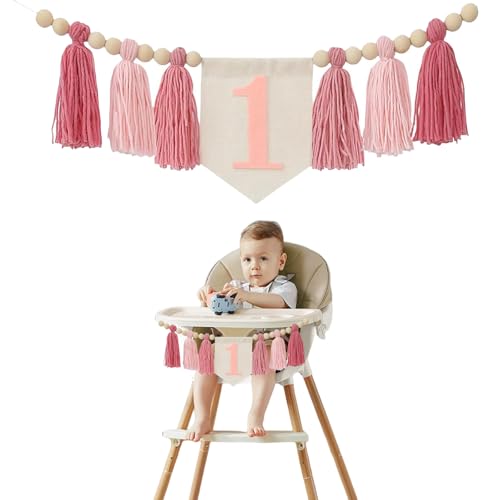 LUMOOM Banderín para trona, 1er cumpleaños, decoración de cumpleaños de 1 año, guirnalda vintage de lino para niñas y niños, para baby shower, decoración DIY (rosa)