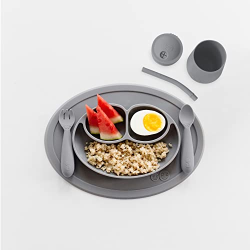 Image of ezpz Mini Collection Set (Gray) - 100% Silicone Cup + Straw, Fork, Spoon & Mini Mat Suction Plate with Built-in Placemat for Infants + Toddlers - First Foods + Self-Feeding - 12 Months+