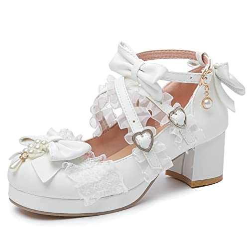 LUXMAX Women's Kawaii Shoes Cross Strap Pumps Cute Ankle Strap Mary Jane Shoes Wedding Lace Mid Chunky Heel Pumps