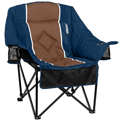 USKAU Oversized Camping Chair for Adults - Heavy Duty 400 lbs Padded Folding Chair with Wine Glass Holder, 2 Cup Holders & Side Pockets, Portable Carry Bag for RV, Tailgating, Lawn