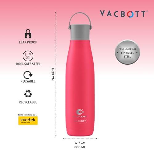 Image of Clay Craft VACBOTT Fresco Double Walled 18 Hours Hot and 24 Hours Cold Water Bottle-800ML, 2-Piece(Pink) Leak Proof|Easy to Carry|Gym Bottle|Home|Kitchen|Hiking|Travel Bottle|BIS Certified