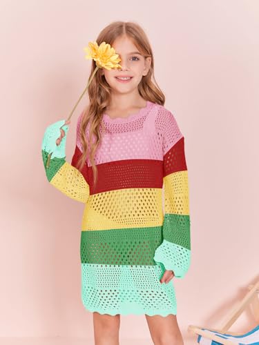 Image of Batermoon Girls Crochet Long Sleeve Swimsuit Cover Up Kids Fashion Hollow Out Swimwear Beach Dress 5-14 Years