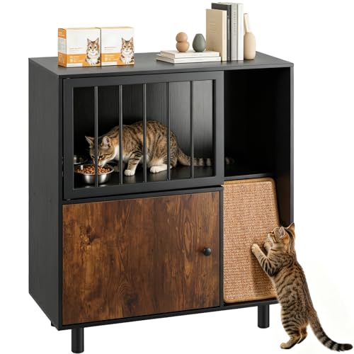 Dog Proof Cat Feeding Station with Storage Cabinet& 2 Stainless Steel Bowls Elevated Cat Food Station with Scratching Board Modern Wooden Cat House Furniture for Indoor Cats Large Pet Cabinet