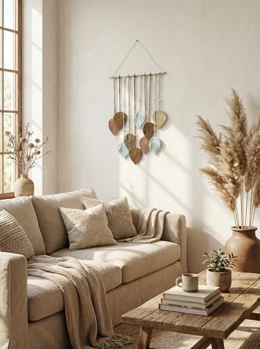 Image of JH Gallery Macrame Leaf Hanging, Boho Tapestry with Wooden Beads for Bedroom, Living Room, Balcony and Home Decor, Boho Chic Accent for Office Decor(Brown & White)
