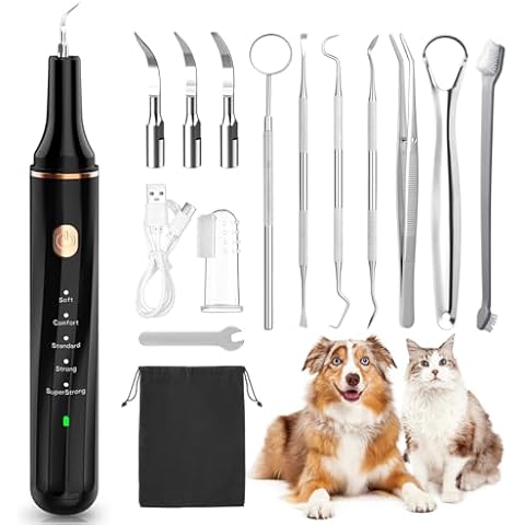 Petbank Dog Teeth Cleaning Kit 12-in-1, Pet Ultrasonic Canine Plaque Remover for Teeth with LED Light, 5 Cleaning Mode, USB Charge Dog Toothbrush Tool with Dental Tools Scaler Scraper Cover