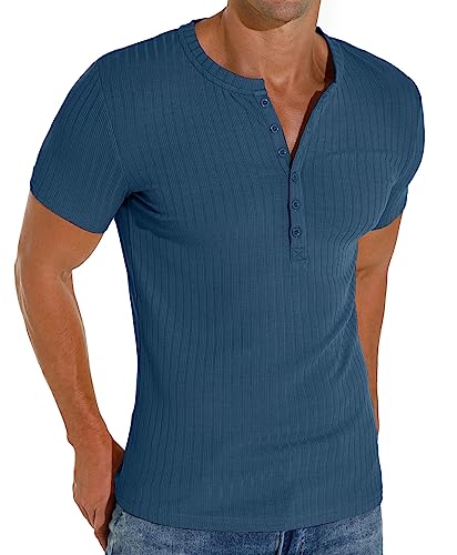Askdeer Men's Henley Shirts Short Sleeve 6 Button Casual T-Shirts Slim Fit Henley Shirts For Men Blue #TOP3