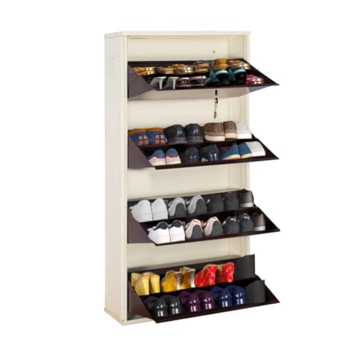 Image of DELITE KOM 29 inch Wide, 8 Shelf Metal Shoe Rack Wall Mounted for Home with Central Lock | Holds Upto 28 Shoes or 48 Slippers Pair | Double Decker, 1Yr Warranty, (54x29x8, Ivory Coffee), DIY, Space Saver