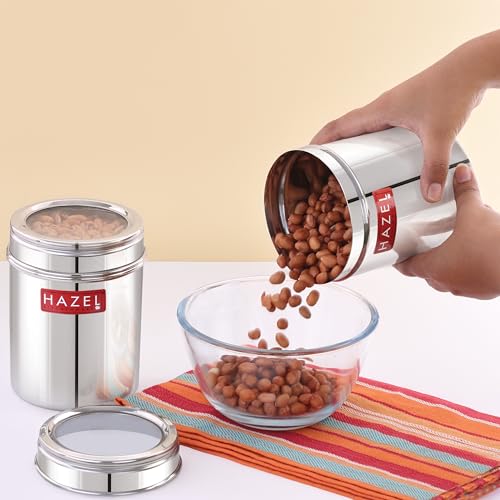 Image of HAZEL Stainless Steel Kitchen Container with Transparent Lid | Top See Through Kitchen Container Set with Matt Finish | Multipurpose Container for Kitchen Storage, 900 ML, Set of 2
