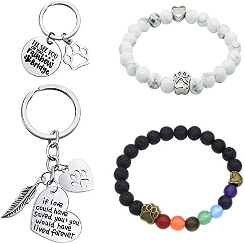 BTQ Pet Memorial Bracelet Set Include Rainbow Pet Rock Bead Bracelet and Loss of Pet Keychain in Memory of Lost Dogs Cats for Pets Lovers