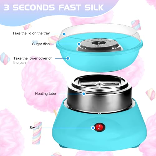 Zuckerwattemaschine, Zuckerwatte Maschine für Zuhause mit 10 Stäbchen und Messlöffel Ideal für Zuckerwatte, Retro Cotton Candy Machine 450W für Partys Einfache Bedienung Und Leicht Reinigen, Blau – Bild 4
