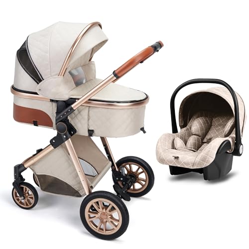 Image of BEBECOSY 3-in-1 Convertible Baby Stroller with Bassinet Mode - Foldable Infant Carrier - Toddler Pram with Reversible Stroller Seat Adjustable Bassinet (Beige Without Base, 3in1 Without Base)