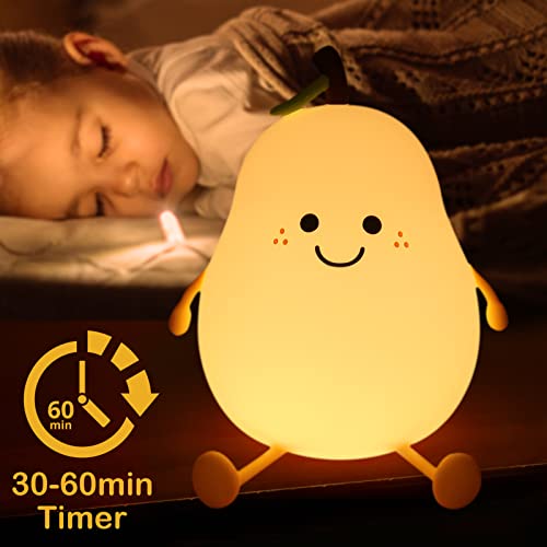 Psdriqq Night Light Pear Cute Led Nursery Nightlight Lamp, Tap Control Squishy Silicone, Usb Rechargeable Bedside Lamp For Bedroom, Warm White & 7 Colors, Christmas Gift For Kids Girls Boys #TOP3