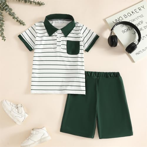 Image of Toddler Kid Boy Clothes Textured Striped Polo Collar Top Summer Shorts 2PC Summer Outfit Set