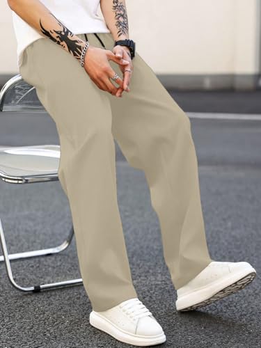 Image of MULAVRI Solid Drawstring Relexed Fit Modern Straight Leg Pants for Men's
