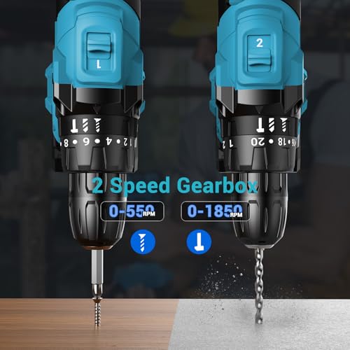 Image of LEEIKOO Cordless Drill Driver 21V, Brushless Cordless Hammer Drill with 2 Batteries 2000mAh, 20+3 Torque, 45N.m Max Combi Drills, LED Light, 2 Speed, 14PCS for Home and Garden DIY Project