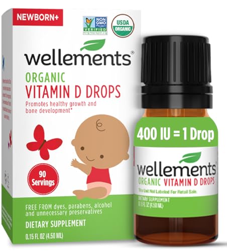 Image of Wellements Baby Organic Vitamin D Drops for Infants & Toddlers (90-Day Supply) - Certified Newborn+ Liquid Vitamin D3 Drops, Support Healthy Growth & Bone Development 400 IU per Drop (1 Drop Daily)