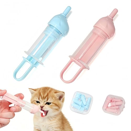 2 Pack Kitten Bottle Feeding Kit for Nursing Puppy Pet Feeding Syringe Nipple Bottles Milk Bottles Feeder Whelping Kit with 10pcs Replaceable Nipples for Newborn Puppies Rabbits Pets