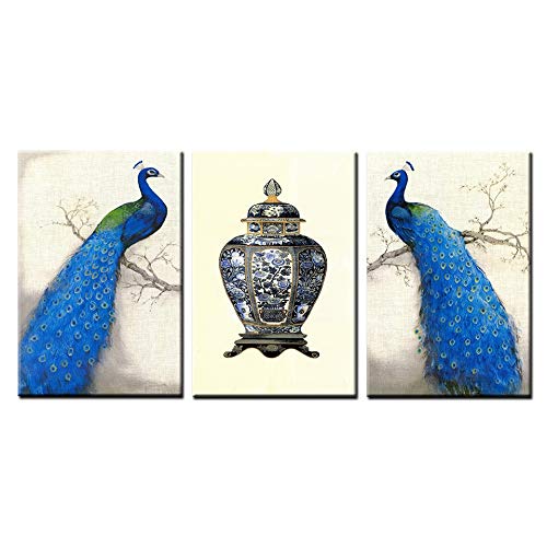 Tableau décoration murale salon paon bleu indien triptyque chic