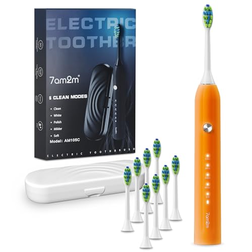 Image of 7AM2M Sonic Electric Toothbrush for Adults and Kids, with 8 Brush Heads and Travel Case,5 Modes with 2 Minutes Built in Smart Timer, One Charge Use for 90 Days, Rechargeable Toothbrushes (Orange)