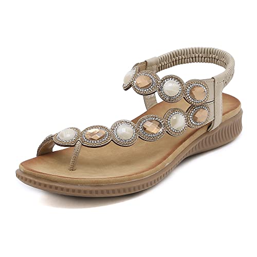 Image of Sandals Womens Ladies Flip Flops Summer Flat Leather Sandal Toe Post Bohemian Walking Sandals, 8 UK, Beige