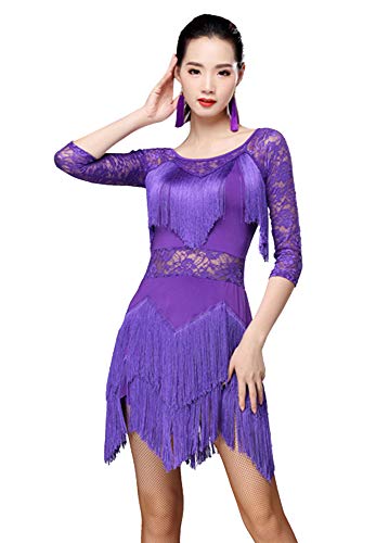 ZX Women s Fringed Ballroom Costume Lace Round Neck 1 2 Sleeve Tango Salsa Latin Dance Dress with Shorts (Tag M, Purple)