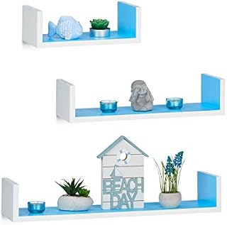 Relaxdays Wall Shelf, Set of 3, Modern Hanging Shelf, 15 cm Depth, For DVDs, Decorative, White-Blue