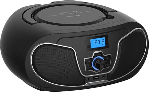 Philips CD Player Boombox, Dynamic Bass Boost with Bluetooth, FM Radio, USB Playback & AUX Input, Portable Top-Loading Boombox, Clear Stereo, RW/MP3 Compatible (Black)