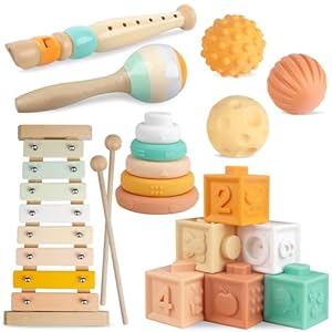Baby Toys 6-12 Months Montessori Toys for Babies 6-12-18 Months,Wooden Stacking Building Blocks,Infant Teething Toys Sensory Balls,Xylophone Musical Toy,Birthday Gift for Toddlers 1+ Year Old