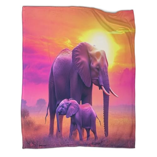 Hermosa madre elefante y su bebé elefante Manta 3D Brilliant Solset on The Savannah Estampada Adecuada Para Adolescente Y Adultos Colcha Patchwork Para Sofá Cama De Vacaciones 40x50inch(100x130cm)