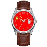 Orologio da uomo casual impermeabile al quarzo orologio data classico business marrone pelle orologio da polso natale bandiera paese orologi Cina, Marrone, Commerciale