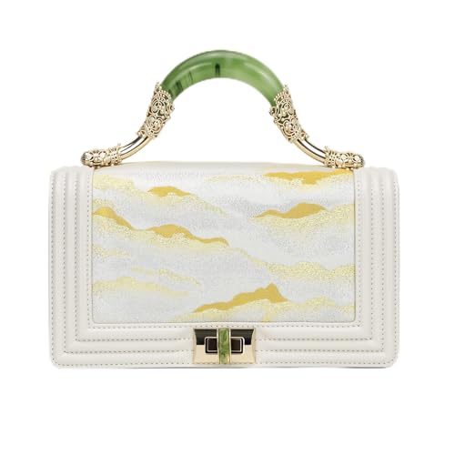 CICAVOY Women’s Evening Handbags Gold Evening Bag with Jade Handle – Luxury Embroidered Cloud Pattern Handbag, Large Capacity Formal Wedding Party Crossbody Purse