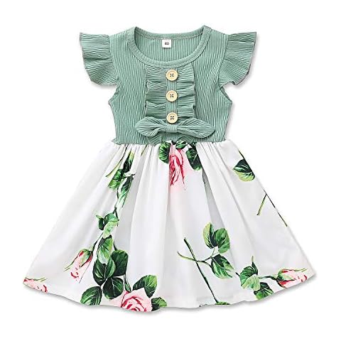 Toddler Infant Baby Girl Dress Floral Ruffle Sleeve Dresses Girls Sundress (5-6 Years) Green Cover