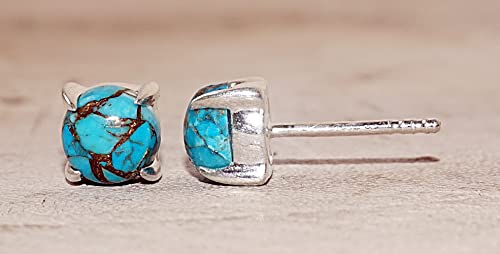 6Mm Round Natural Copper Turquoise 925 Sterling Silver Stud Earrings December Birthstone, S19 #TOP6