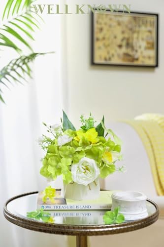 WELL KNOWN Small Fake Flowers in Plastic Vase 7" Centerpieces Coffee Table Decor, Green White Silk Flower Arrangements for Home Decor Indoor Artificial Flower Bouquet for Dining Room Kitchen Wedding — view 6