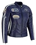 2 poches à l'intérieur. BSM Veste De Moto En Cuir Pour Femmes, bleu foncé, 44