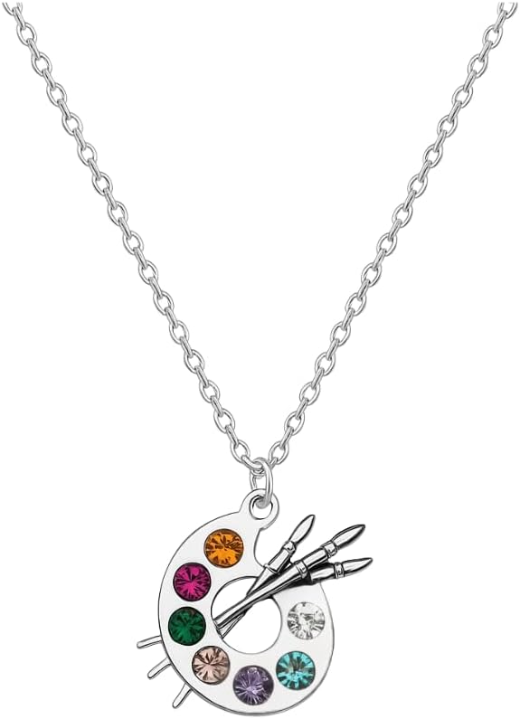 Sportybella - Artist Paint Palette and Brush Charm Pendant Necklace, Silver Plated Multi-Colored Rhinestone, Gift for Painters and Those Who Love Arts, Necklace for Women